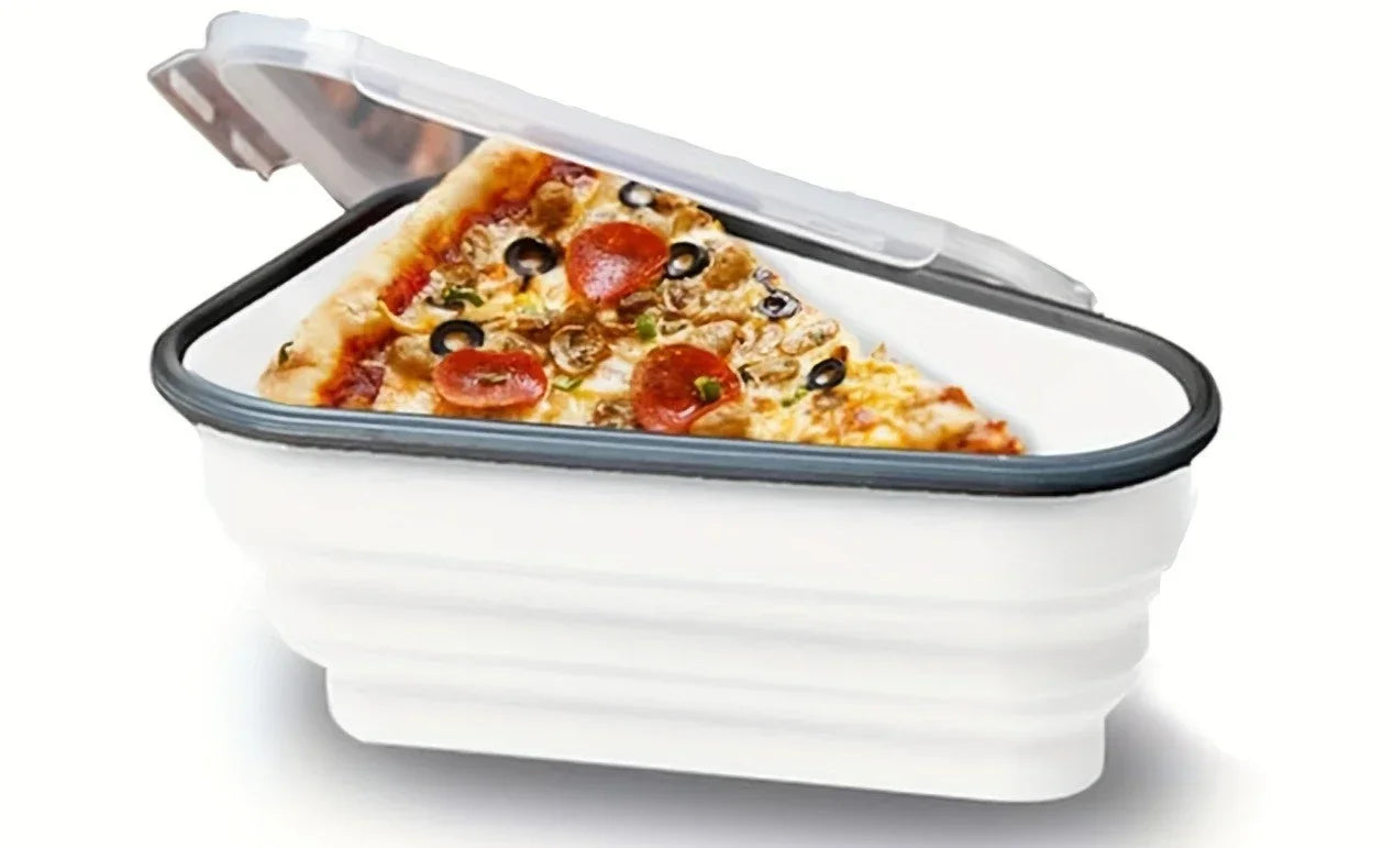 Reusable, Collapsible silicone pizza storage container.