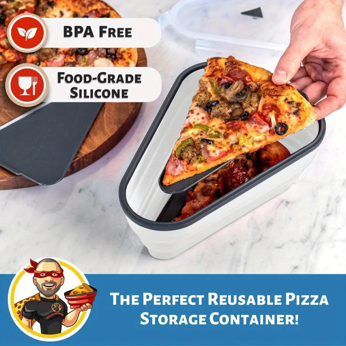 Reusable, Collapsible silicone pizza storage container.