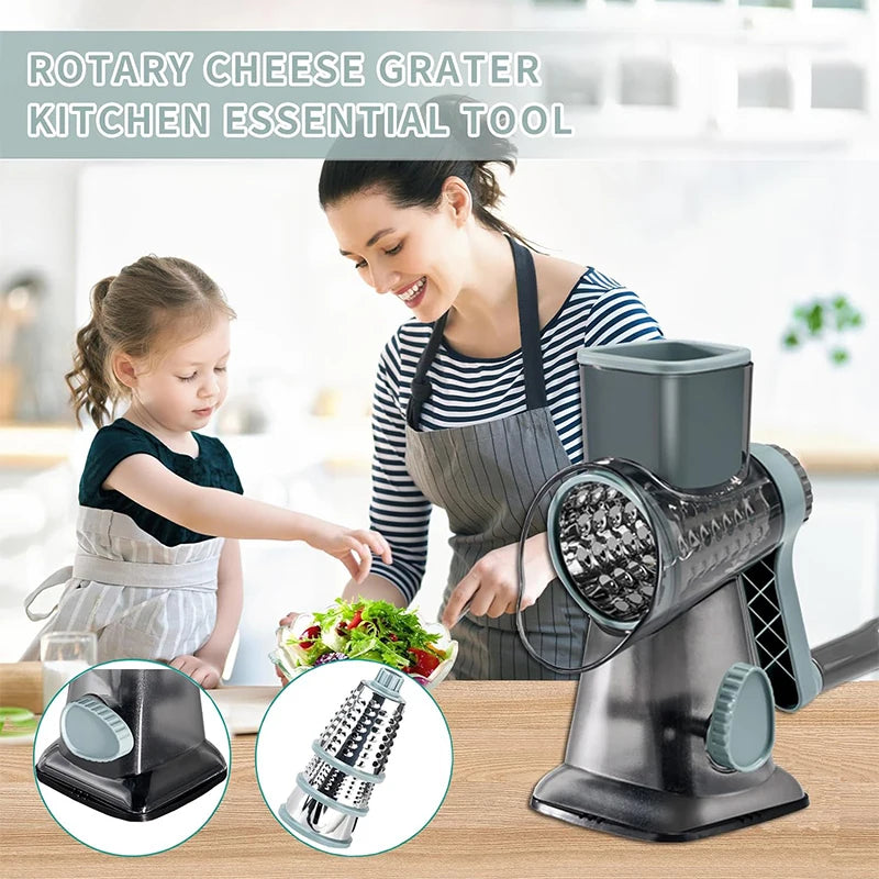 3 in 1 Rotary Cheese Grater, Versatile Manual Vegetable Slicer.