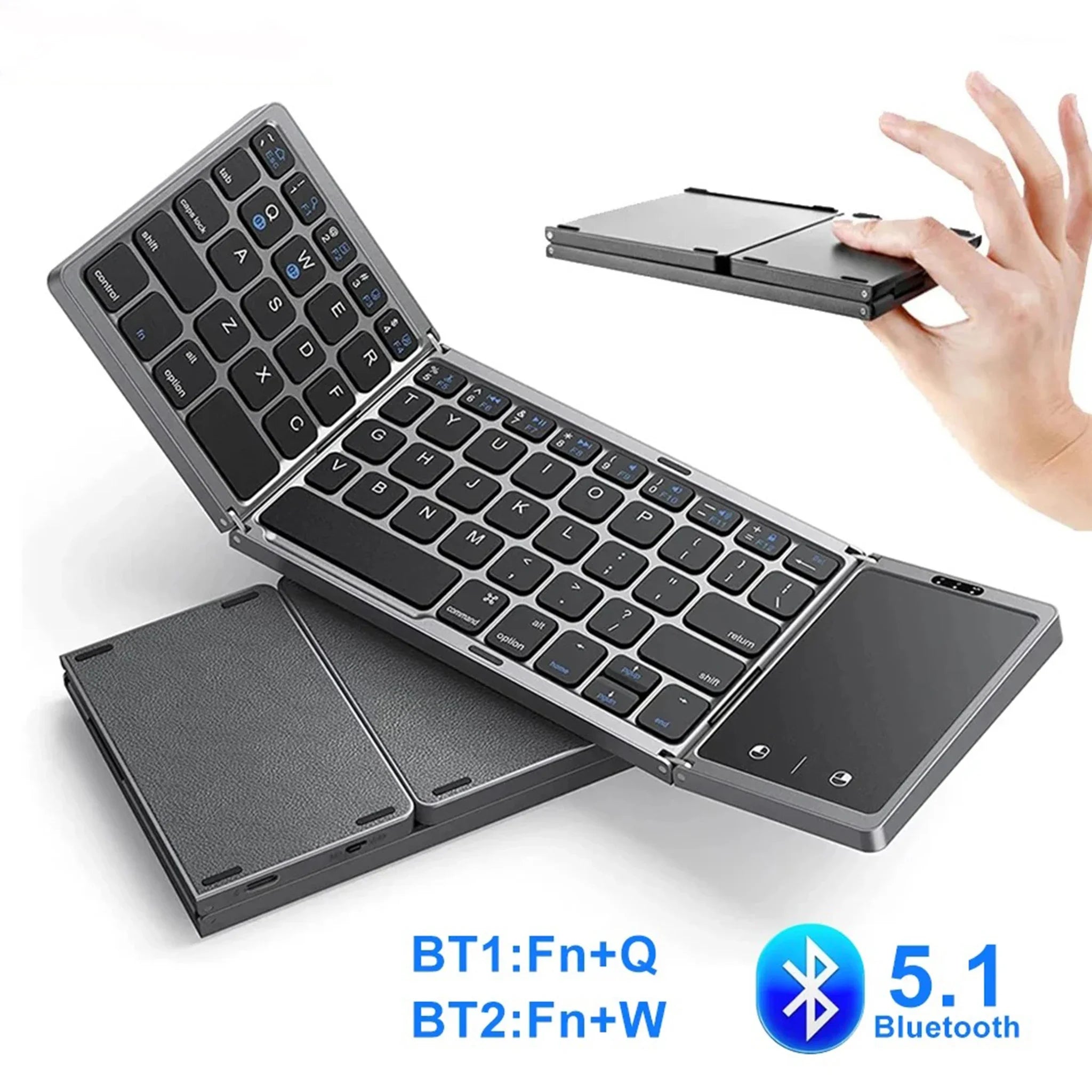 Foldable, Wireless Keyboard with Touchpad, 3-Folding Mini Dual Bluetooth Keyboard for Windows, Android, iOS, iPad and Phone.