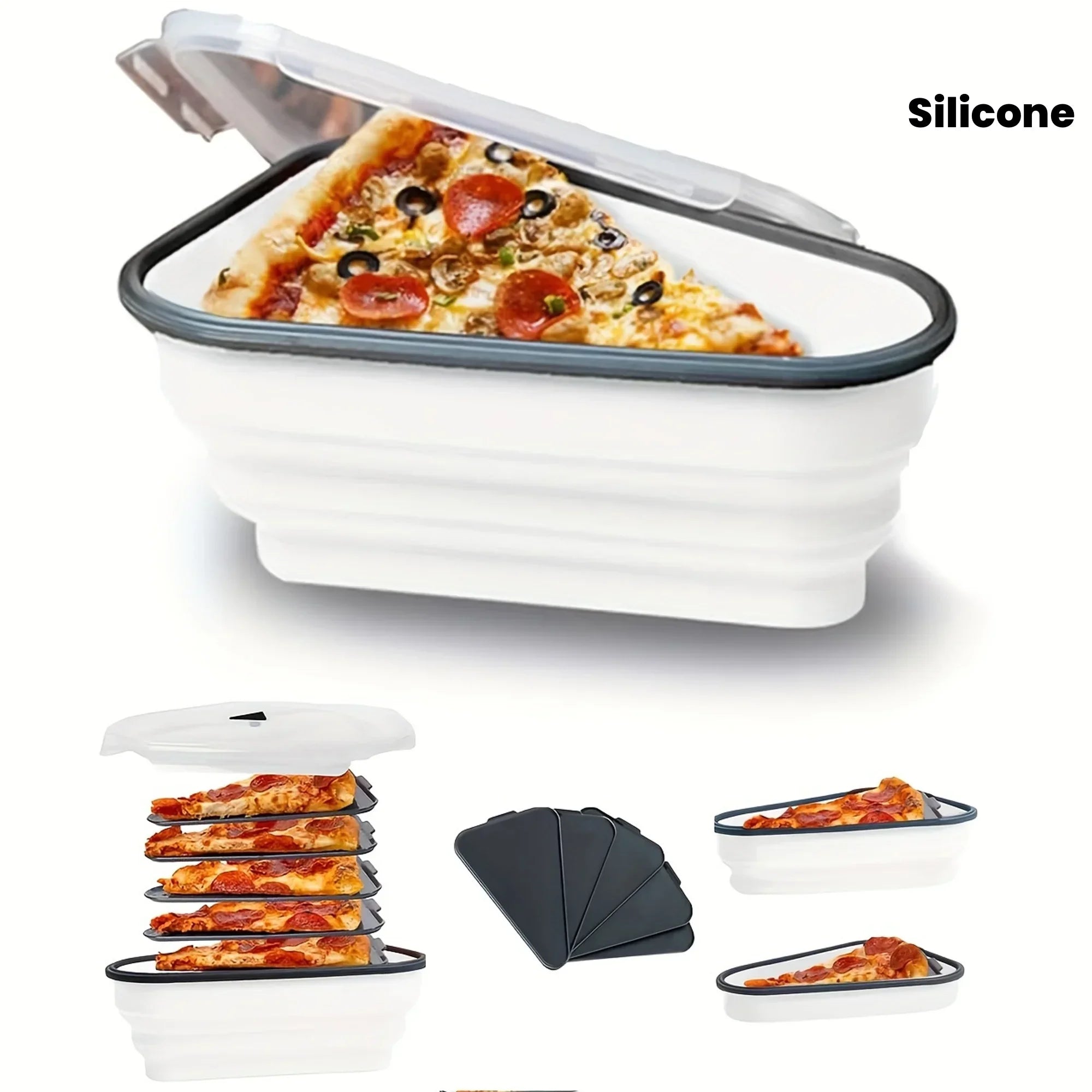 Reusable, Collapsible silicone pizza storage container.