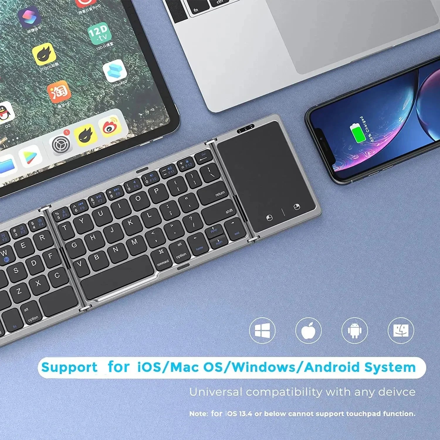 Foldable, Wireless Keyboard with Touchpad, 3-Folding Mini Dual Bluetooth Keyboard for Windows, Android, iOS, iPad and Phone.