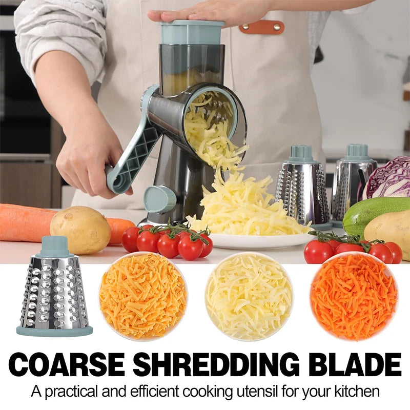 3 in 1 Rotary Cheese Grater, Versatile Manual Vegetable Slicer.