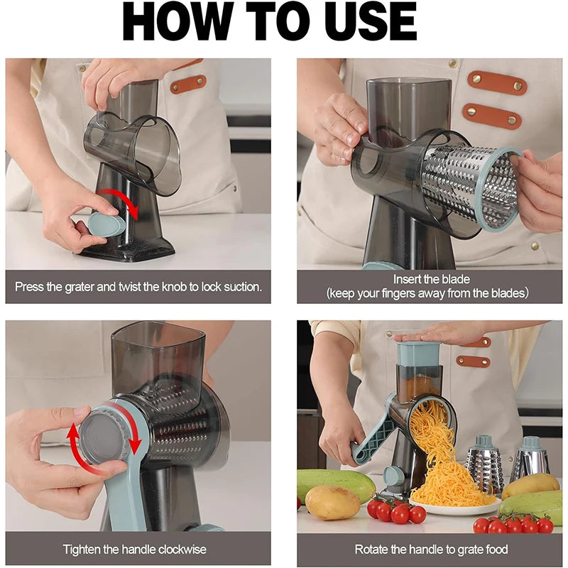 3 in 1 Rotary Cheese Grater, Versatile Manual Vegetable Slicer.