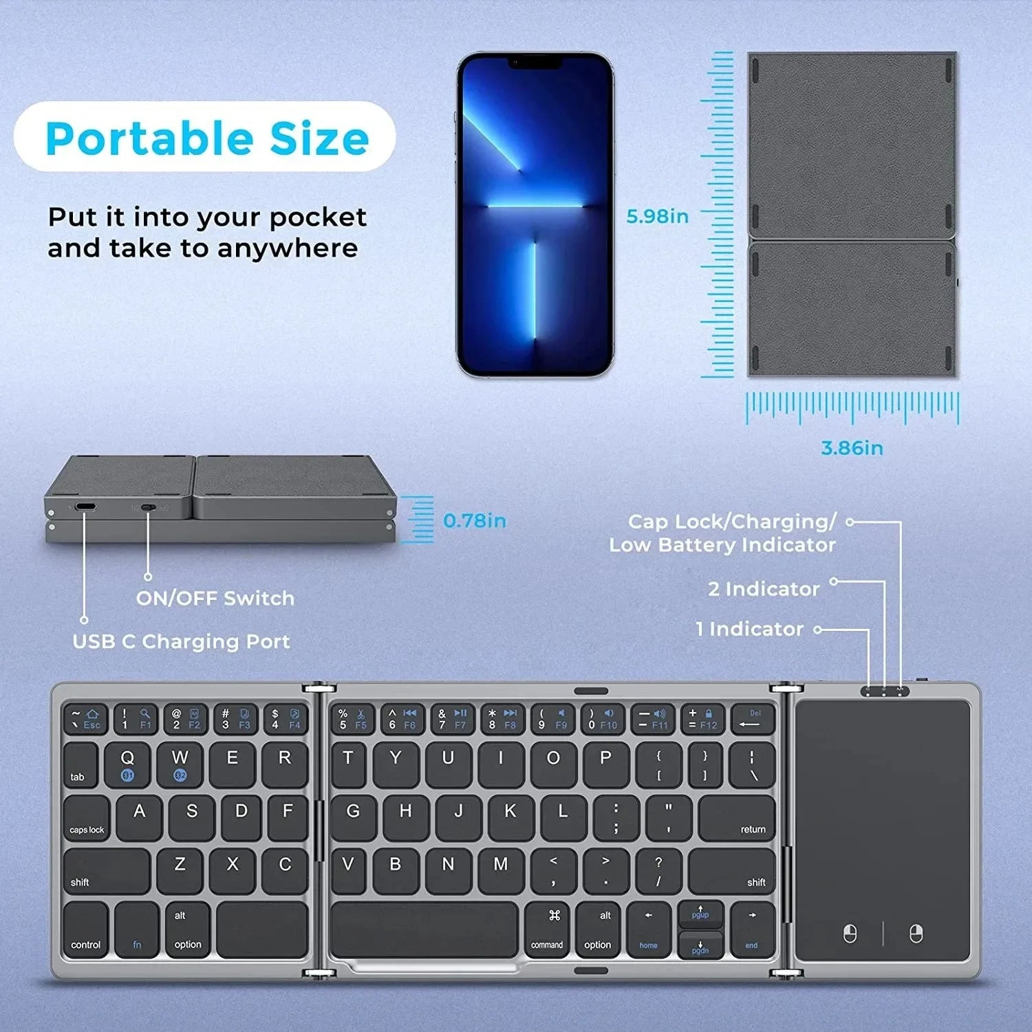 Foldable, Wireless Keyboard with Touchpad, 3-Folding Mini Dual Bluetooth Keyboard for Windows, Android, iOS, iPad and Phone.